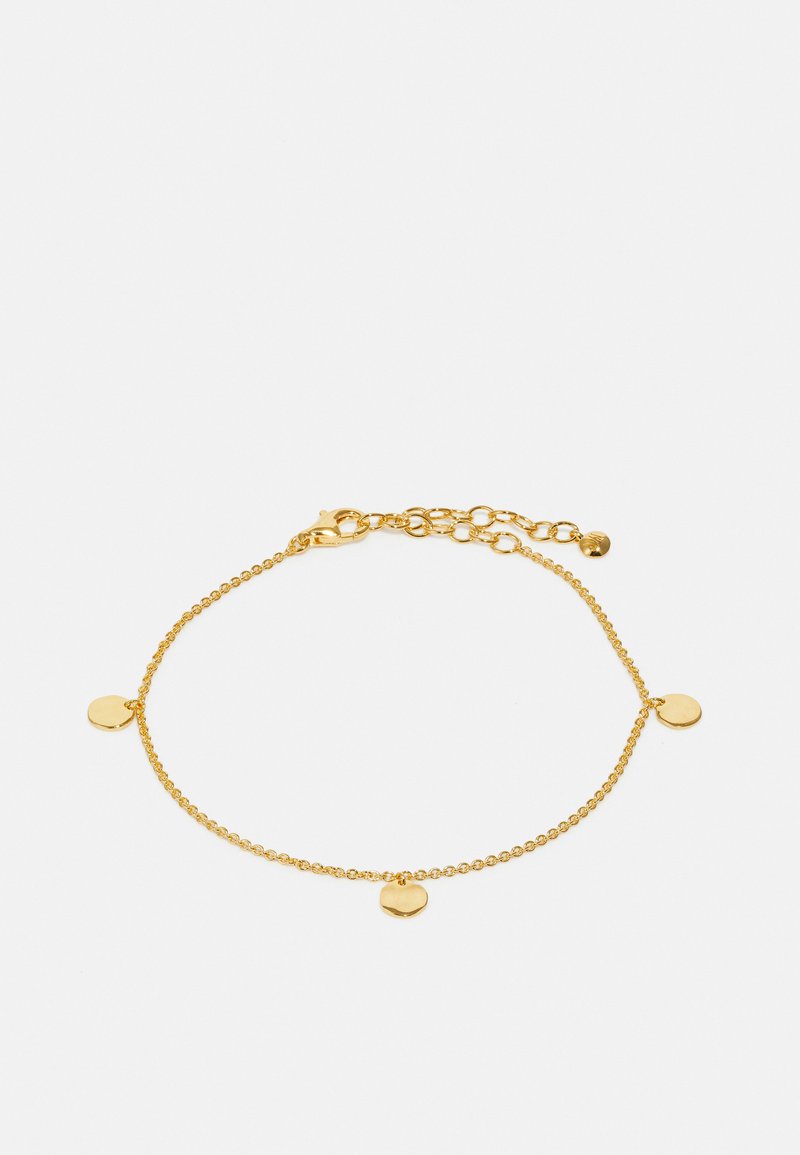 Aukso grandinėlė su trimis apvaliais pakabukais, subtilus dizainas su tekstūruota apdaila ir užsegimas su krabų užsegimu.