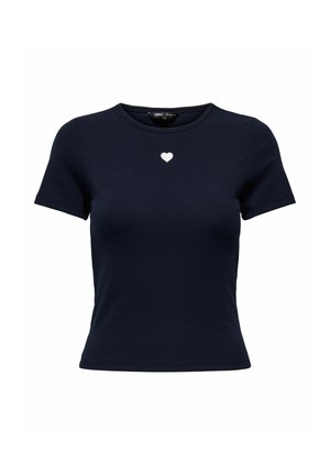 Navy blue short-sleeve fitted t-shirt with round neckline and small white heart embroidered in the center front.