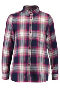 Plum and navy plaid button-up shirt with a collar, long sleeves, and a single chest pocket. Made from lightweight woven fabric.