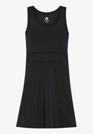 Robe de sport noire avec un design sans manches, des panneaux en mesh, un tissu lisse et une jupe évasée. Elle possède un col rond et un corsage ajusté.