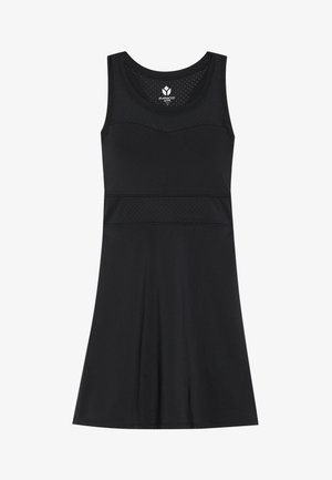 Schwarzes Sportkleid mit ärmellosem Design, Netzpaneelen, glattem Stoff und schwingendem Rock. Mit Rundhalsausschnitt und tailliertem Oberteil.