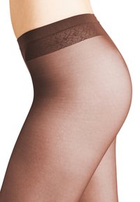 Collant marroni trasparenti con una texture liscia, caratterizzati da una cintura decorativa in pizzo. Il tessuto è semitrasparente e leggero.