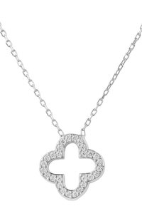 Silver necklace featuring a cross-shaped pendant adorned with clear stones, linked by a chain with oval-shaped links.