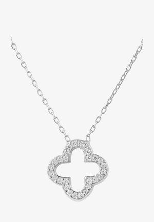 Collana d'argento con un pendente a forma di croce adornato con pietre trasparenti, collegato da una catena con anelli ovali.