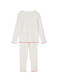 Two-piece white ribbed knit pajamas with long sleeves and pants, featuring pink ruffled edges on cuffs, hem, and pant ankles.