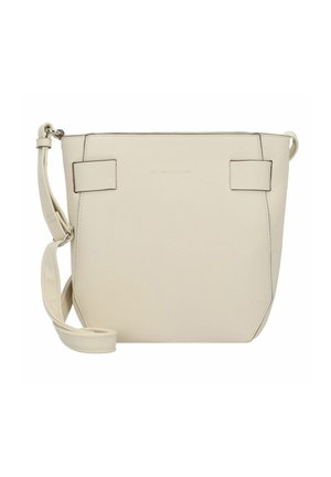Sac seau en cuir beige avec sangle réglable, forme rectangulaire, deux accents latéraux plats et fermeture zippée en haut.
