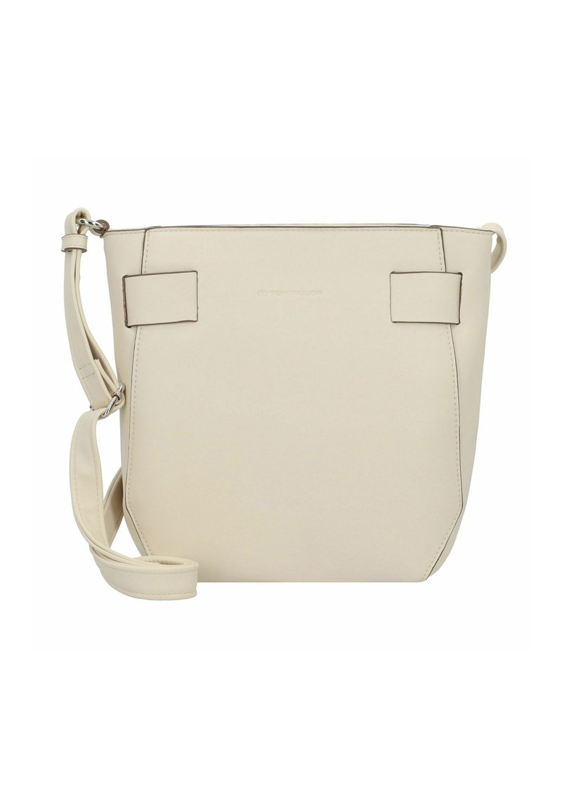 Beige Leder-Eimer-Tasche mit verstellbarem Tragegurt, rechteckiger Form, zwei flachen seitlichen Akzenten und Reißverschluss oben.