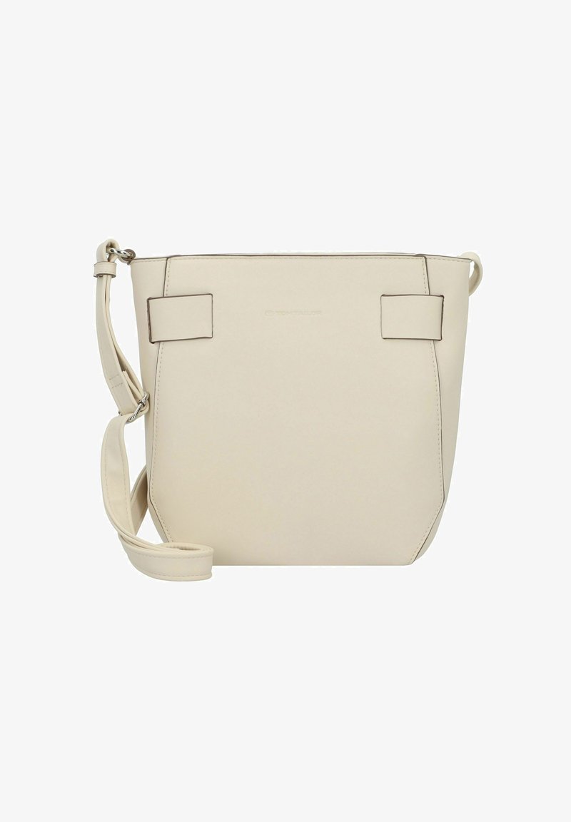 Beige Leder-Eimer-Tasche mit verstellbarem Tragegurt, rechteckiger Form, zwei flachen seitlichen Akzenten und Reißverschluss oben.