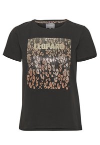 Černé tričko s krátkým rukávem, které má design leopardího vzoru a metalický text. Vyrobeno z měkké, lehké bavlněné směsi.