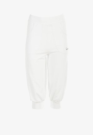 Weiße, knöchellange Hosen aus glattem Stoff mit elastischem Bund, zwei seitlichen Taschen und gerippten Bündchen an den Knöcheln, mit dezentem Logo-Detail.