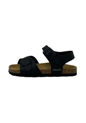 Sandal nero con due cinturini regolabili a fibbia, sottopiede in sughero, suola texturizzata e logo GRÜNLAND sul lato.