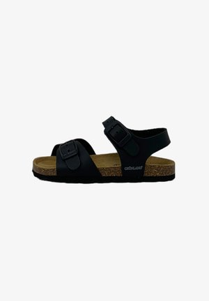 Sandal nero con due cinturini regolabili a fibbia, sottopiede in sughero, suola texturizzata e logo GRÜNLAND sul lato.