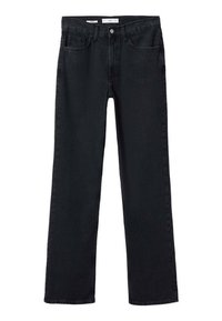Jeans en denim noir avec une coupe droite. Comprend cinq poches, une fermeture à bouton et des détails de couture minimaux. Texture lisse.