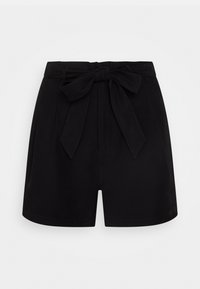 Schwarze Shorts aus einem glatten Stoff, mit einem vorderen Bindegürtel und einem gepufften Design. Der Saum endet sauber auf Oberschenkelhöhe.