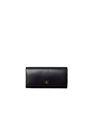 Cartera de cuero negra con cierre de solapa y logo dorado "cK" centrado en el frente.