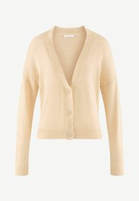 Beige knitted cardigan with a v-neck, long sleeves, button closure, and ribbed hem. Features a soft texture and subtle stitching details.