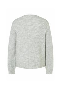 Grauer gerippter Strickpullover mit lockerer Passform, langen Ärmeln und einem runden Halsausschnitt sowie einer strukturierten Oberfläche des Stoffs.