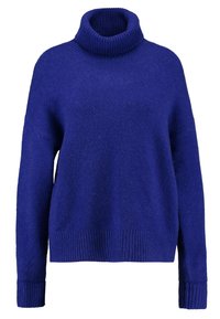 Maglione blu a collo alto realizzato in morbido tessuto a maglia, con una texture a coste lungo il collo e l'orlo, dal design a vestibilità rilassata.