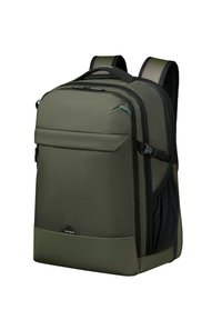 Dunkelolivgrüner Rucksack aus strukturiertem, strapazierfähigem Stoff, mit mehreren Fächern, gepolsterten Trägern und einer seitlichen Netztasche.