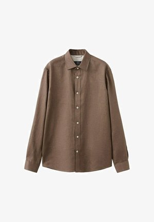 Rjava srajca z dolgimi rokavi in ovratnikom, z gumbi, narejena iz teksturirane tkanine, položena na ravno belo ozadje.