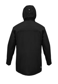 Black waterproof jacket featuring a hood, long sleeves, and a straight cut. Back has a seam detail and a logo accent at the lower left.