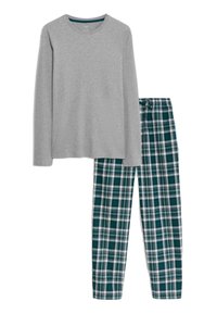 Long-sleeve grey top paired with green and white plaid drawstring pajama pants on a white background.