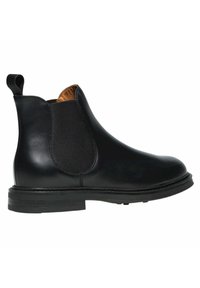 Zwarte leren Chelsea-boot met elastische zijkanten, een trekhaak aan de achterkant en een gestructureerde rubberen zool voor grip.