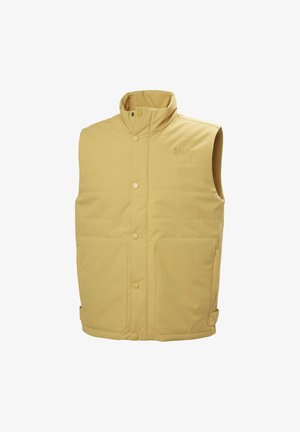Żółta kamizelka izolacyjna z wysokim kołnierzem, zapięciem na zatrzaski z przodu, dwiema dużymi kieszeniami z przodu oraz subtelnym logo na klatce piersiowej.