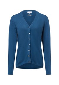 Blauer Cardigan mit V-Ausschnitt, langen Ärmeln und Knopfleiste. Hergestellt aus strukturiertem Stoff mit gerippten Kanten und sechs Knöpfen auf der Vorderseite.