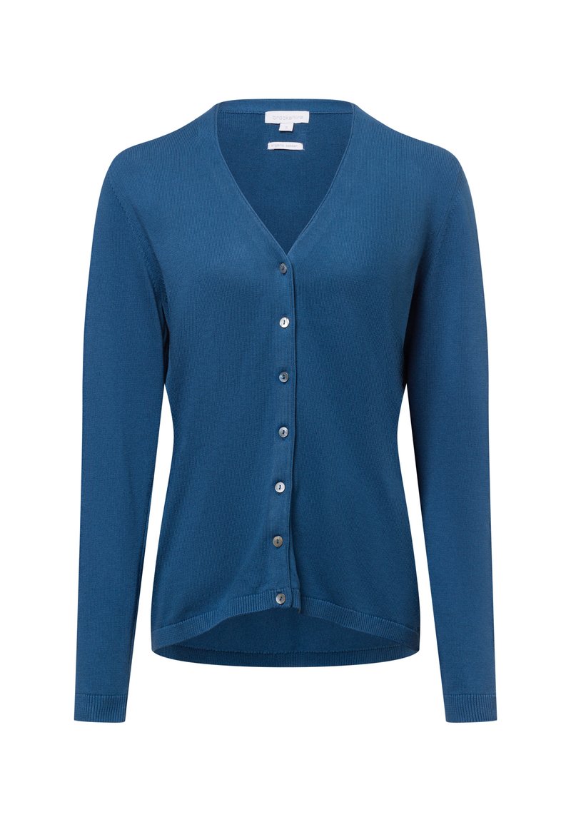 Blauer Cardigan mit V-Ausschnitt, langen Ärmeln und Knopfleiste. Hergestellt aus strukturiertem Stoff mit gerippten Kanten und sechs Knöpfen auf der Vorderseite.