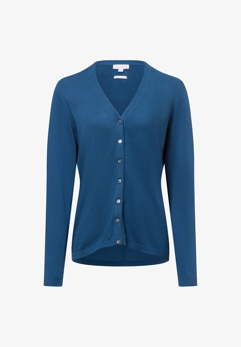 Blauer Cardigan mit V-Ausschnitt, langen Ärmeln und Knopfleiste. Hergestellt aus strukturiertem Stoff mit gerippten Kanten und sechs Knöpfen auf der Vorderseite.