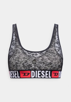 Czarny koronkowy biustonosz braletka o wzorzystej teksturze. Posiada szeroką elastyczną taśmę z napisem "DIESEL" w kolorze czerwonym i białym. Miękki, zakładany przez głowę.