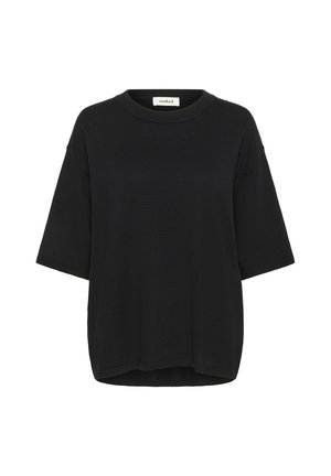 Black short-sleeve t-shirt made of soft fabric. Features a round neckline and a relaxed fit with a slightly curved hem.