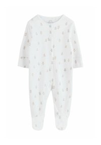 Hvid babyheldragt med mønster af små bjørne i bløde pastelfarver. Har lange ærmer, trykknapper og foddækkende ben.