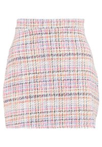 Tweed mini kjol i pastellfärger med rutigt mönster. Har en hög midja och en strukturerad yta.