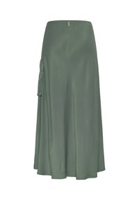 Groene satijnen midi-rok met een gladde textuur, voorzien van een zijzak en een vloeiende A-lijn silhouet. Minimalistisch design met een elastische tailleband.