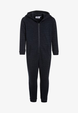 Mørkeblå spraglet hættetrøjedragt til børn med lynlås foran og to kængurulommer.