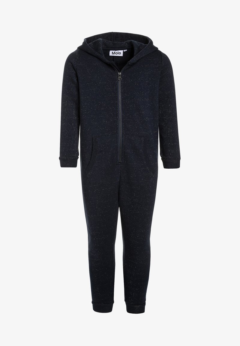 Combinaison à capuche bleu marine foncé à pois pour enfants avec fermeture éclair frontale et deux poches kangourou.