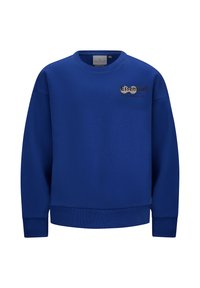 Felpa blu realizzata in morbido tessuto, con scollatura rotonda, maniche lunghe, polsini e orlo a costine, e logo in testo nero sul davanti.