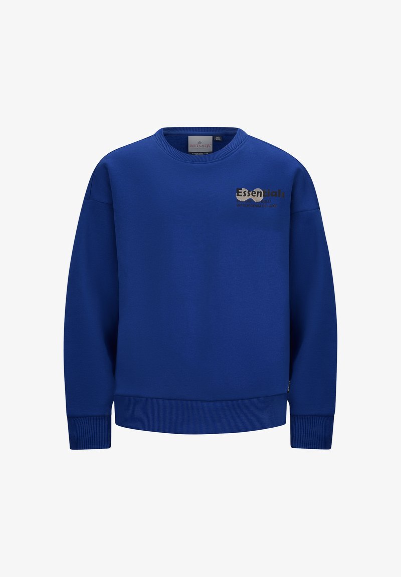 Felpa blu realizzata in morbido tessuto, con scollatura rotonda, maniche lunghe, polsini e orlo a costine, e logo in testo nero sul davanti.
