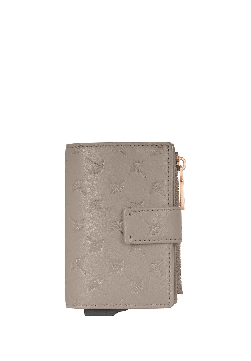 Plånbok i taupefärgat läder med präglat blomsterpatten, magnetstängning och ett fack med dragkedja. Har kontrasterande sömmar och metallaccenter.