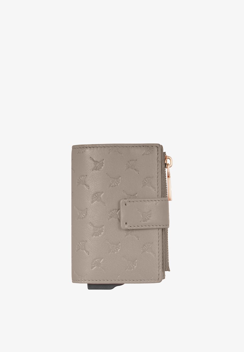 Taupekleurige leren portemonnee met reliëf van een bloemmotief, magnetische sluiting en een vak met ritssluiting. Voorzien van contrasterende stiksels en metalen accenten.