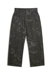 Dark gray denim trousers with a loose fit, featuring subtle mottled patterns and metal hardware accents. Five-pocket design.