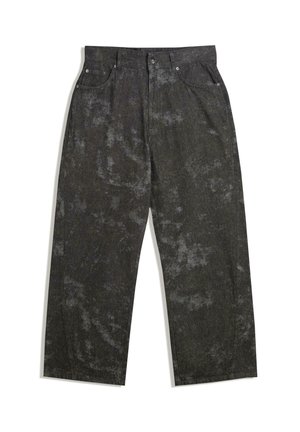Dark gray denim trousers with a loose fit, featuring subtle mottled patterns and metal hardware accents. Five-pocket design.