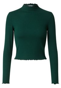 Green ribbed long-sleeve top with a mock neck and scalloped hem. Made from stretchy fabric, it features a fitted design and smooth texture.