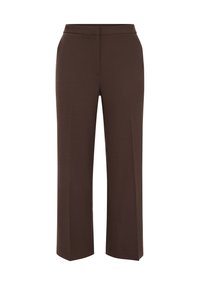 Bruine op maat gemaakte broek met rechte pijpen, flatte voorkant en geen zichtbare zakken of versieringen. Gemaakt van een gestructureerde stof.