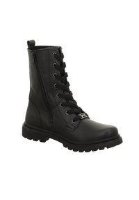 Czarne skórzane kozaki za kolano z sznurowaniem, zapinane na boczny zamek, z wytrzymałą podeszwą, ozdobione metalowymi elementami i płaskimi czarnymi sznurówkami.