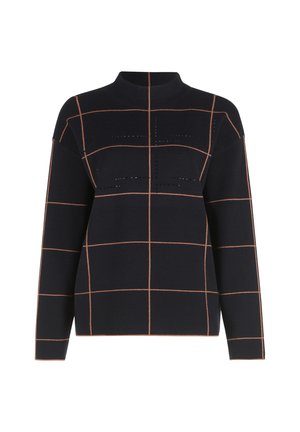 Czarny dzianinowy sweter z jasnopomarańczowym wzorem w kratę, z wysokim dekoltem i długimi rękawami. Charakteryzuje się luźnym krojem i teksturowanymi akcentami.