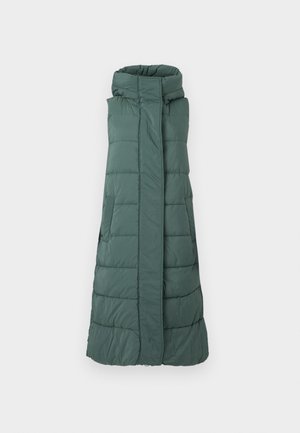 Gepolsterte ärmellose Jacke in Dunkelgrün, mit hohem Kragen, vertikalem Reißverschluss und horizontalem Steppmuster zur Wärmedämmung.