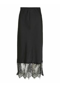 Jupe midi noire avec une finition satinée lisse. Elle présente un ourlet en dentelle avec des motifs floraux complexes, offrant un effet de texture en couches.